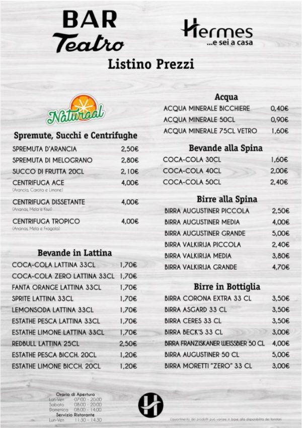 LISTINO PREZZI BAR TEATRO Hermes per te